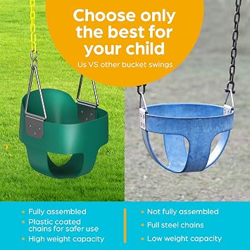 Jungle Gym Kingdom Baby Swing Outdoor - Heavy Duty Toddler Swing Set Accessories, High Back, Full Bucket Seat with Coated Chains for Outdoor Use - Fully Assembled - Green