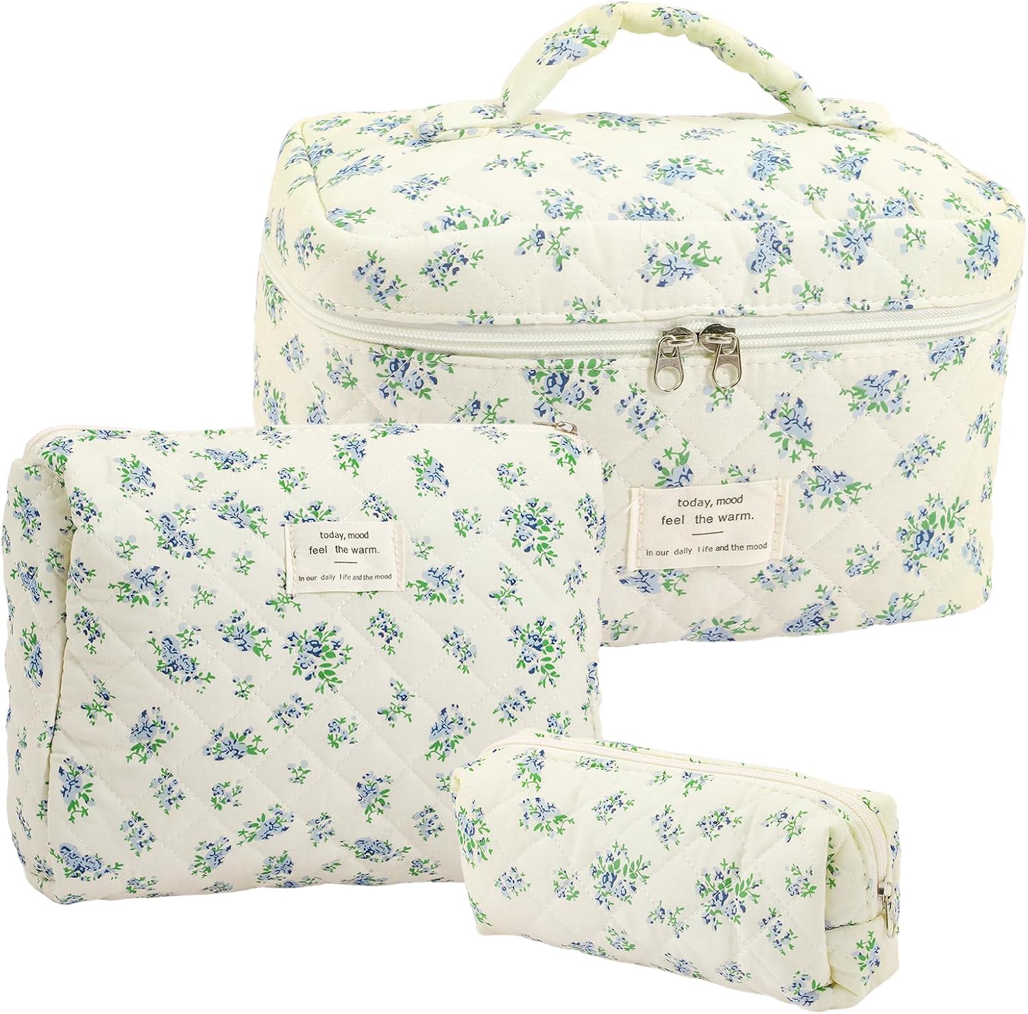 Set of 3 Quilted Toiletry Bag, Travel Beauty Case, Make Up Bag - Perfect for Short Trips, Daily Use, Gym or for Carrying Cosmetics and Care Products, Small Blue Flowers, bohemian
