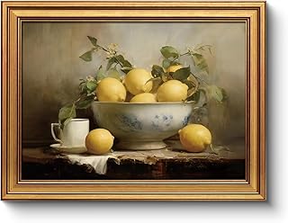 Vintage Lemon Bowl Still Life Gold Framed Wall Art, 12x16 Inch Rustic European Fruit Oil Painting Canvas Print, Classic Farmhouse Kitchen Dining Room Home Cafe Decor