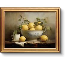Vintage Lemon Bowl Still Life Gold Framed Wall Art, 12x16 Inch Rustic European Fruit Oil Painting Canvas Print, Classic Farmhouse Kitchen Dining Room Home Cafe Decor