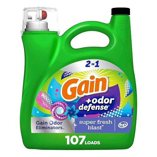 Gain + Odor Defense Liquid Laundry Detergent, Super Fresh Blast Scent, 107 Loads, HE Compatible Washing Soap (Packaging May Vary)