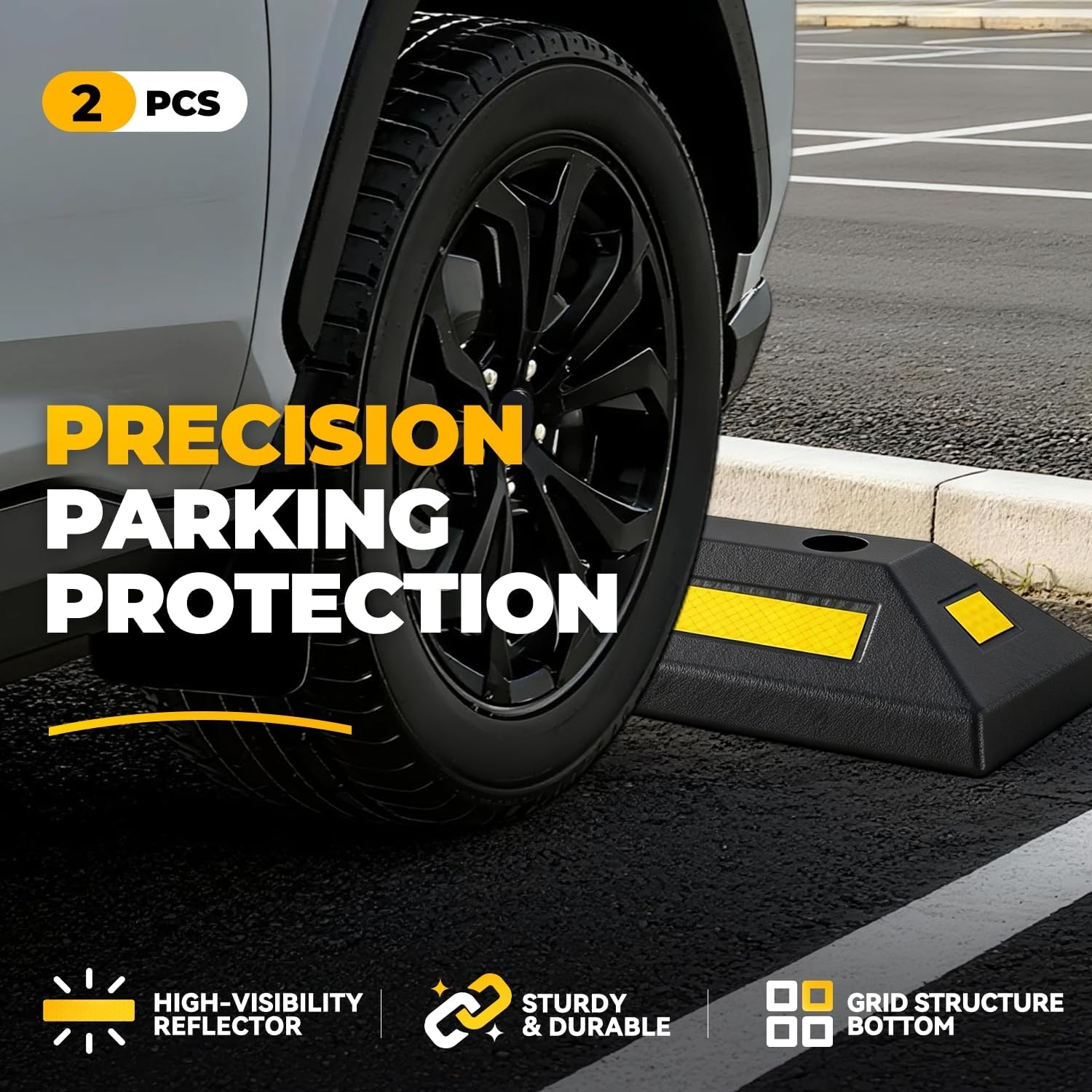 Auto Dynasty 2Pcs Heavy Duty Parking Aid for Garage, 21" Rubber Tire Stops for Garage Floor, High Visibility Garage Car Stopper with Reflective Safety Strips for Car Curb Floor Parking Lot