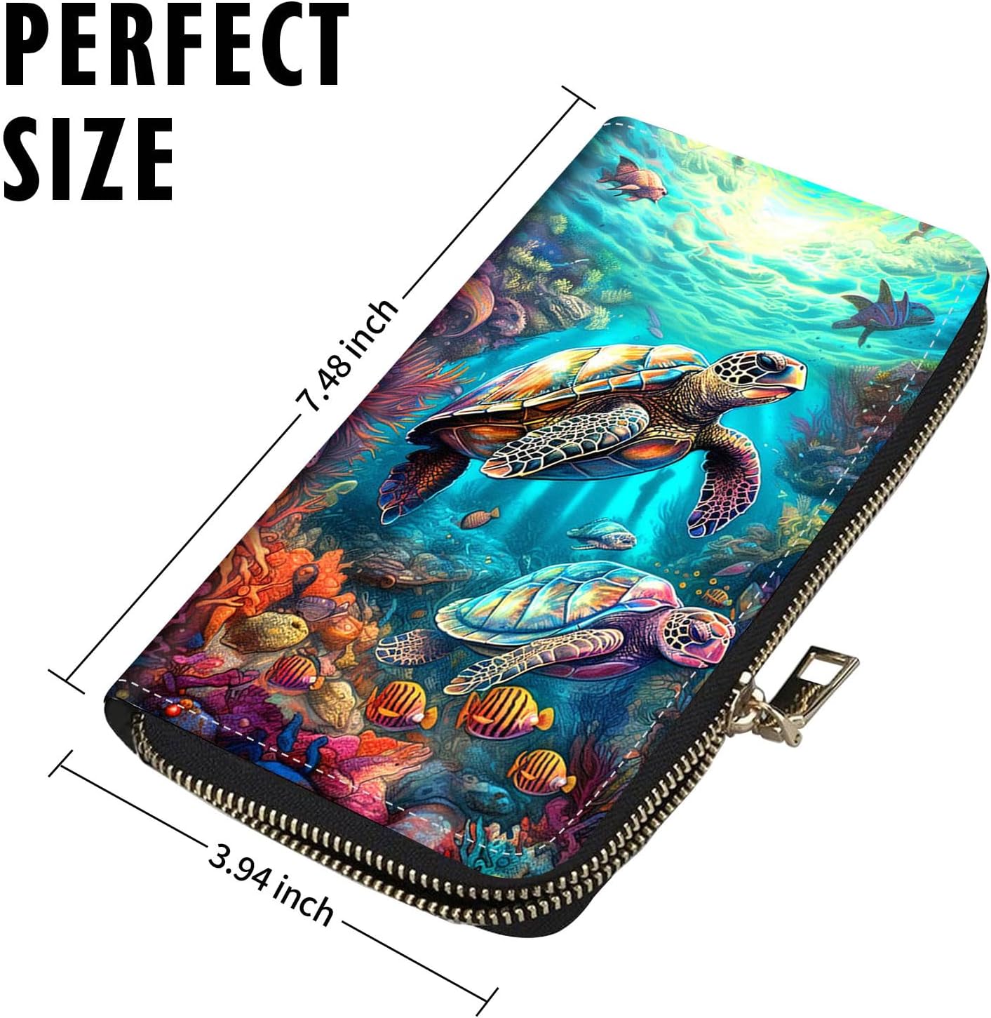 RFID Blocking Wallet for Women, Large Capacity Clutch Purse with Wrist Strap, Slim PU Leather Card Holder Phone Wallet for Ladies, Blue Sea Turtle - Image 3