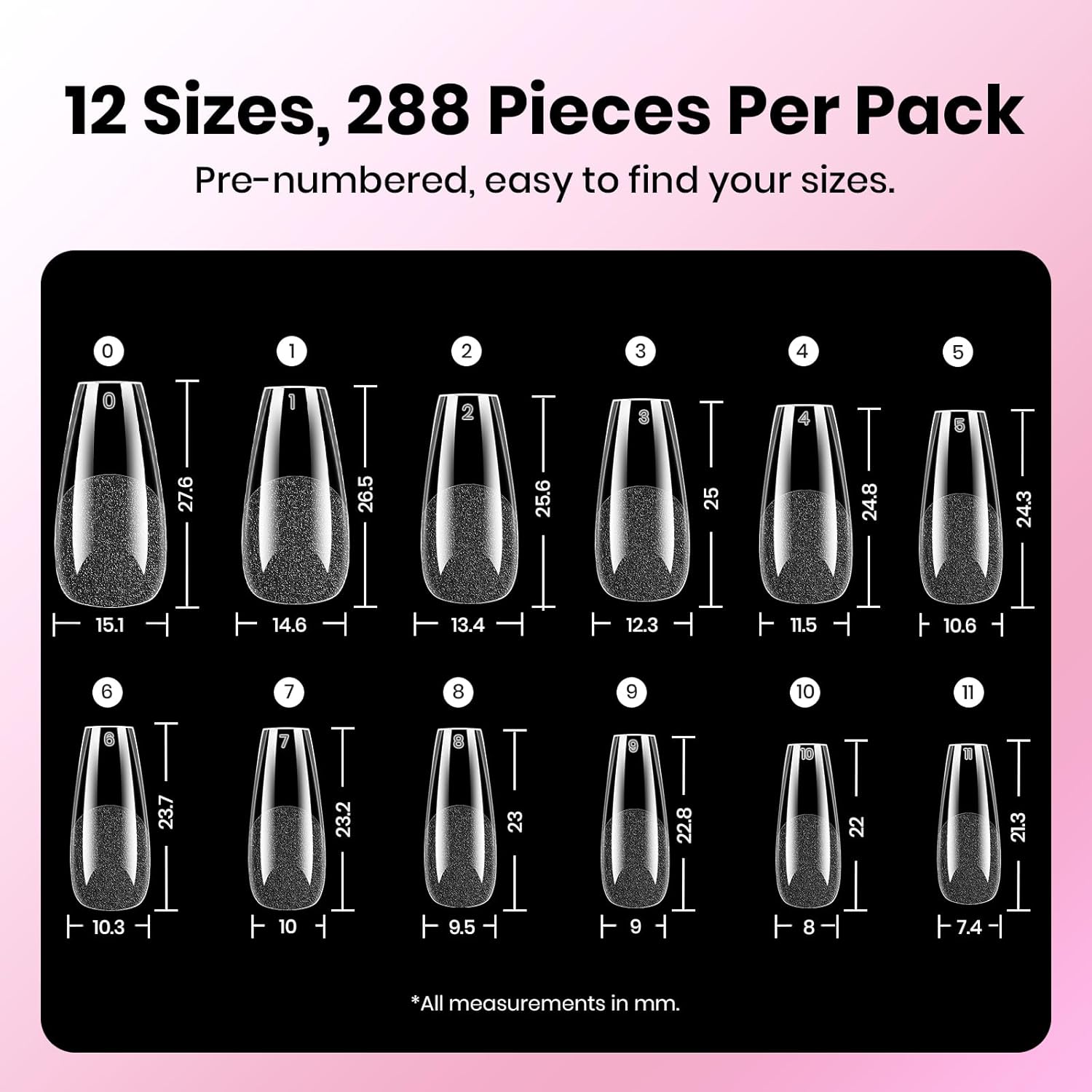 Beetles Gel Nail Kit Etch-X, Medium Coffin, 288pcs 12 Sizes Nail tips, 3Pcs 15ml HEMA-Free Nail Glue Top Coat & Base Gel Set, for Acrylic Press On Nail, Long Lasting Extension DIY Set at Home