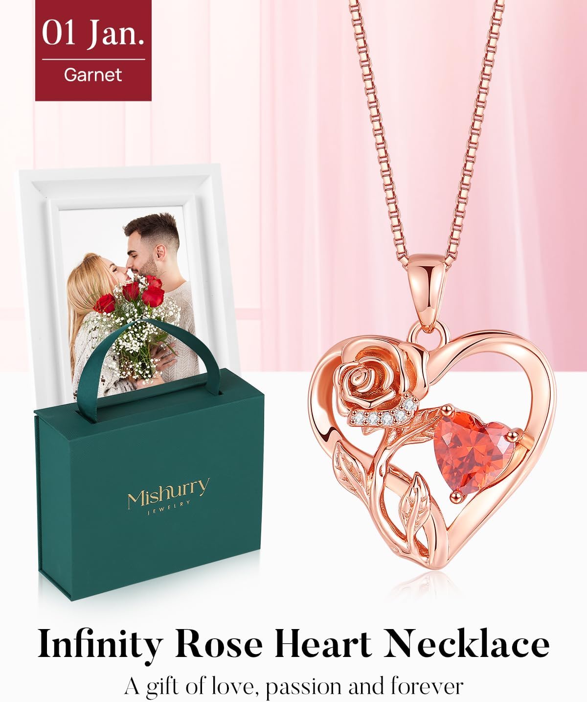 Infinity Rose Flower Heart Necklaces for Women 925 Sterling Silver Anniversary Jewelry for Her Love Gifts for Wife Sister Grandma Mom Mothers Day Valentines Birthday Christmas Rose Gold Birthstone - Image 3