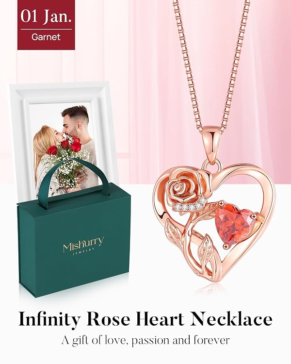 Mishurry Infinity Rose Flower Heart Necklaces for Women 925 Sterling Silver Anniversary Jewelry Her Love Gifts for Wife Girlfriend Mom Mothers Day Valentines Birthday Rose Gold Birthstone Pendant Jan by Mishurry - Used condition - Image 3
