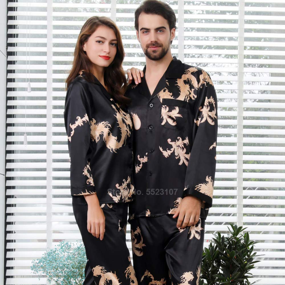 Pyjama Satin Femme,Ensemble De Pyjamas En Satin De Soie Pour Femmes 2Pcs Pantalons À Manches Longues De Style Chinois Nouvel An Dragon Print Vêtements De Nuit Pour Hommes Pyjamas Pour Couples (Noir