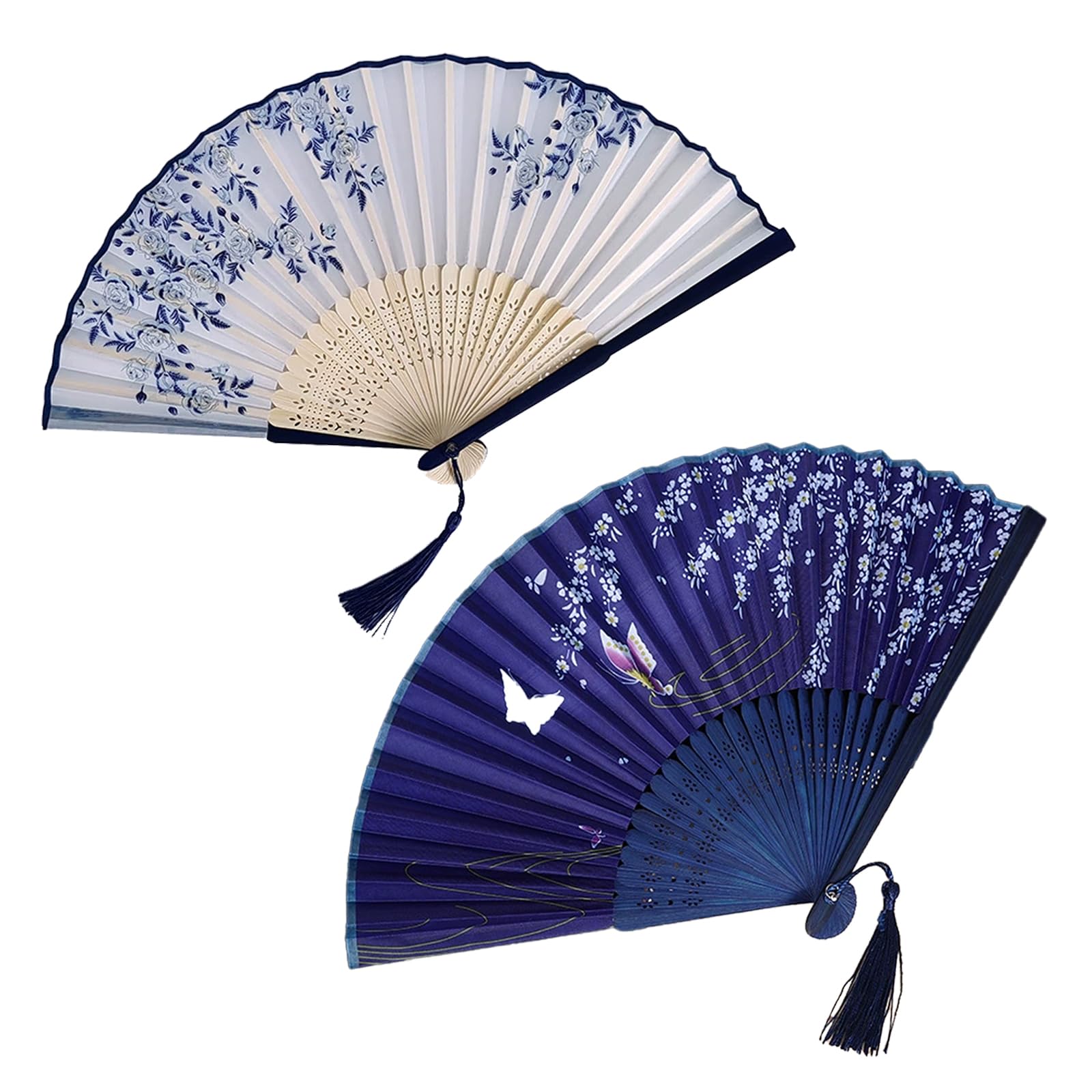 NHCDFA 2 Pcs Hand Fan Manual, Japanese Fan, Chinese Fan for Hand Paper Fans for Decoration for Dancing Cosplay Wedding Party Props Decoration, White and Blue, 10 cm
