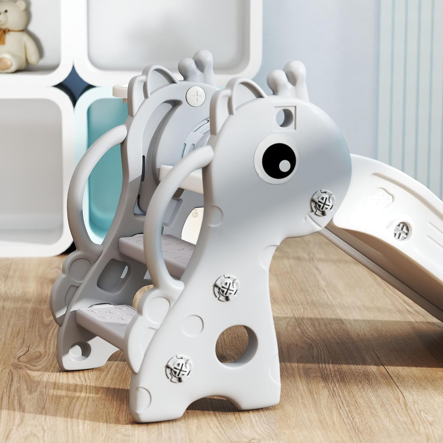 Qaba Toddler Slide with Climber, Basketball Hoop and Ball, Indoor Kids Slide with Giraffe Design, Freestanding Playground Equipment for Age 1-3 Years, Gray