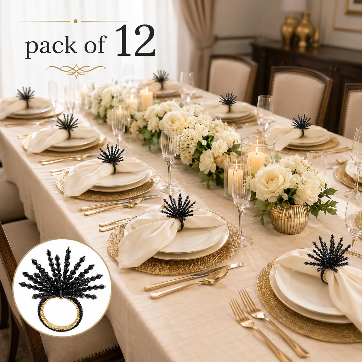 CLEENTABLE Beaded Napkin Rings, Black, Set of 12