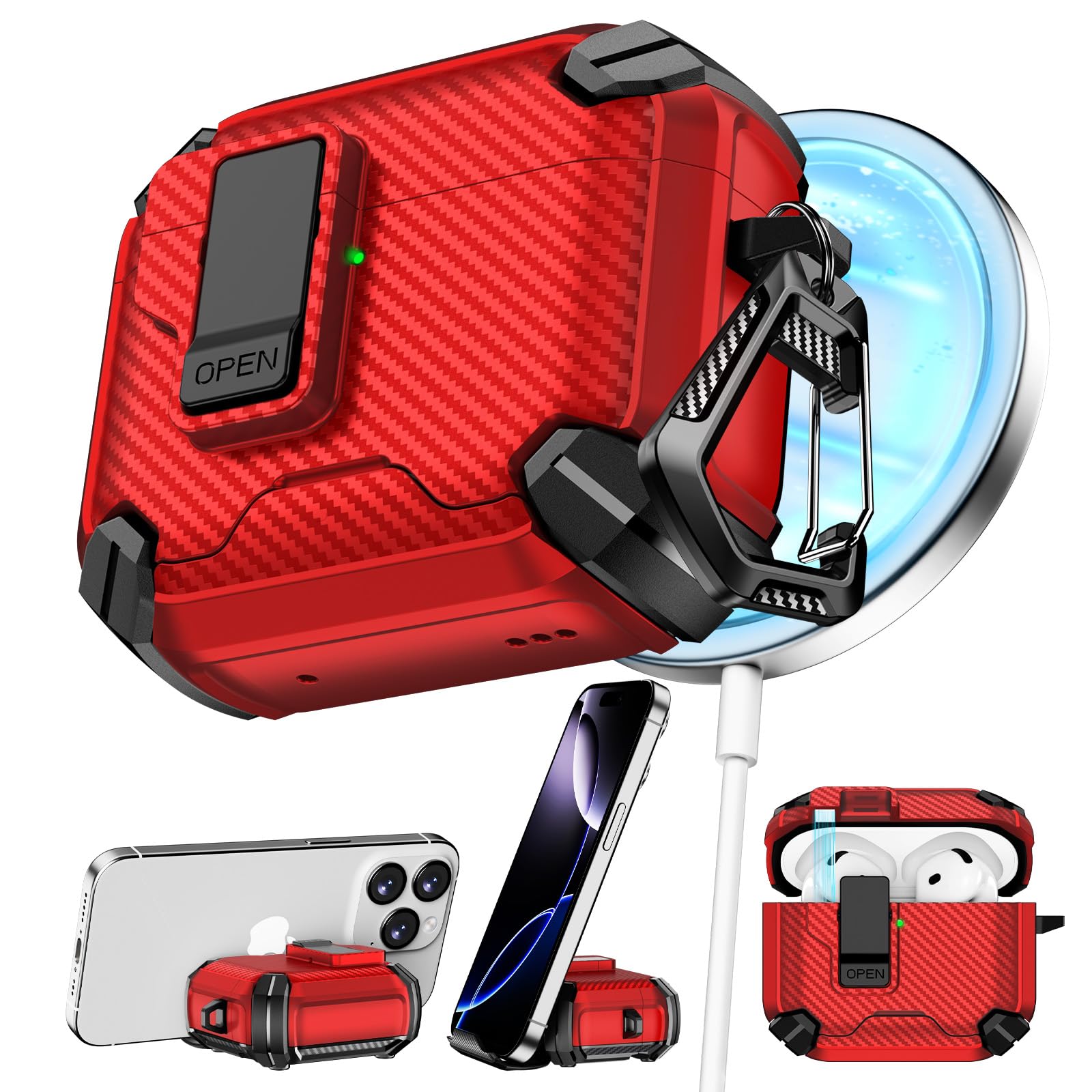 Pohgelan Compatible with AirPods 4 Case Carbon Fiber Texture(Red)