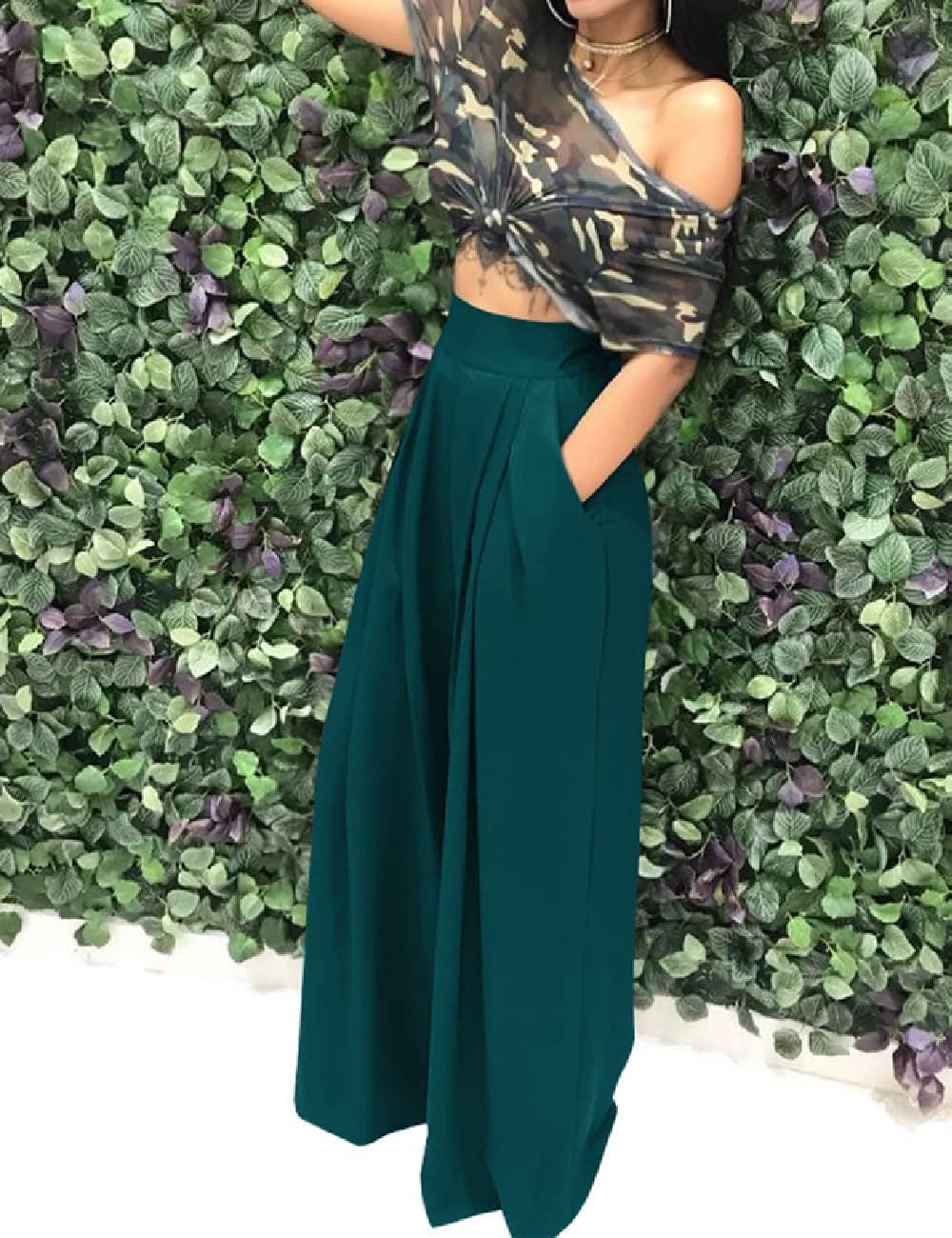 High Waisted Wide Leg Pants for Women Long, High Waist Palazzo Pants for Women Dressy (Dark Green, M) - Image 3