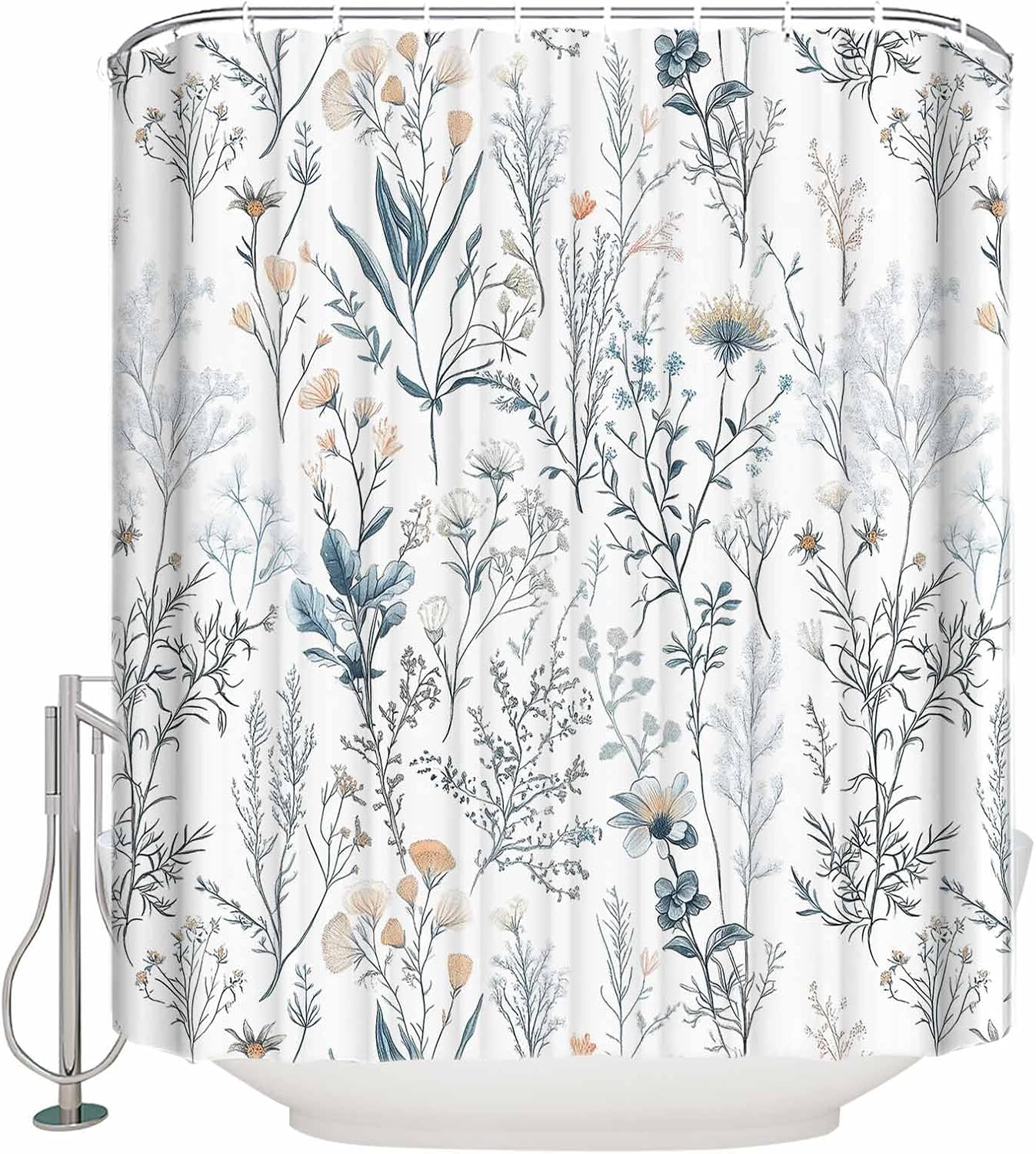Botanical Floral Bathroom Shower Curtains with 12 Hooks Polyester Waterproof Shower Curtain for Stalls and Bathtubs Flowers Leaves Plants Light Blue Decorative Bathroom Privacy Curtain 54x78 Inches