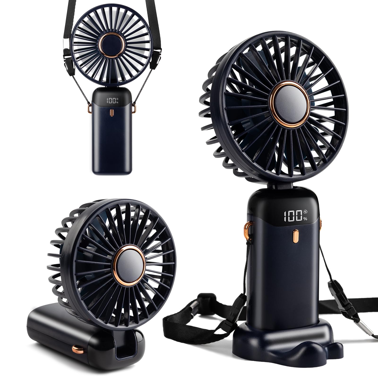 Ventilateur De Poche Mini, Rechargeable Par Type-C, Ventilateur Avec Batterie 4000mAh Et Affichage Numérique, Pliable à 90°, Ventilateur Personnel 3 En 1 Main/Cou/Bureau, Ventilate (Bleu Nuit