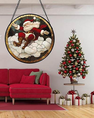 Miniatura 2 de Adorno de Vidrio Teñido para Colgar en Ventana - Nubes de Santa Claus Rojo y Blanco, Atrapasoles para Puertas, Decoración Navideña para el Hogar,
