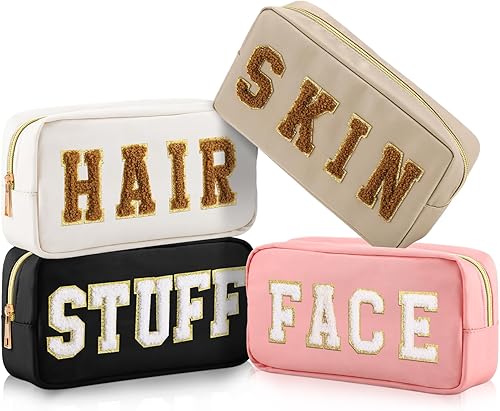 Cunno 4 bolsas de maquillaje preparadas con letras de chenilla, bolsa de cosméticos de nailon, bolsa de maquillaje, neceser de cosméticos, bolsa de