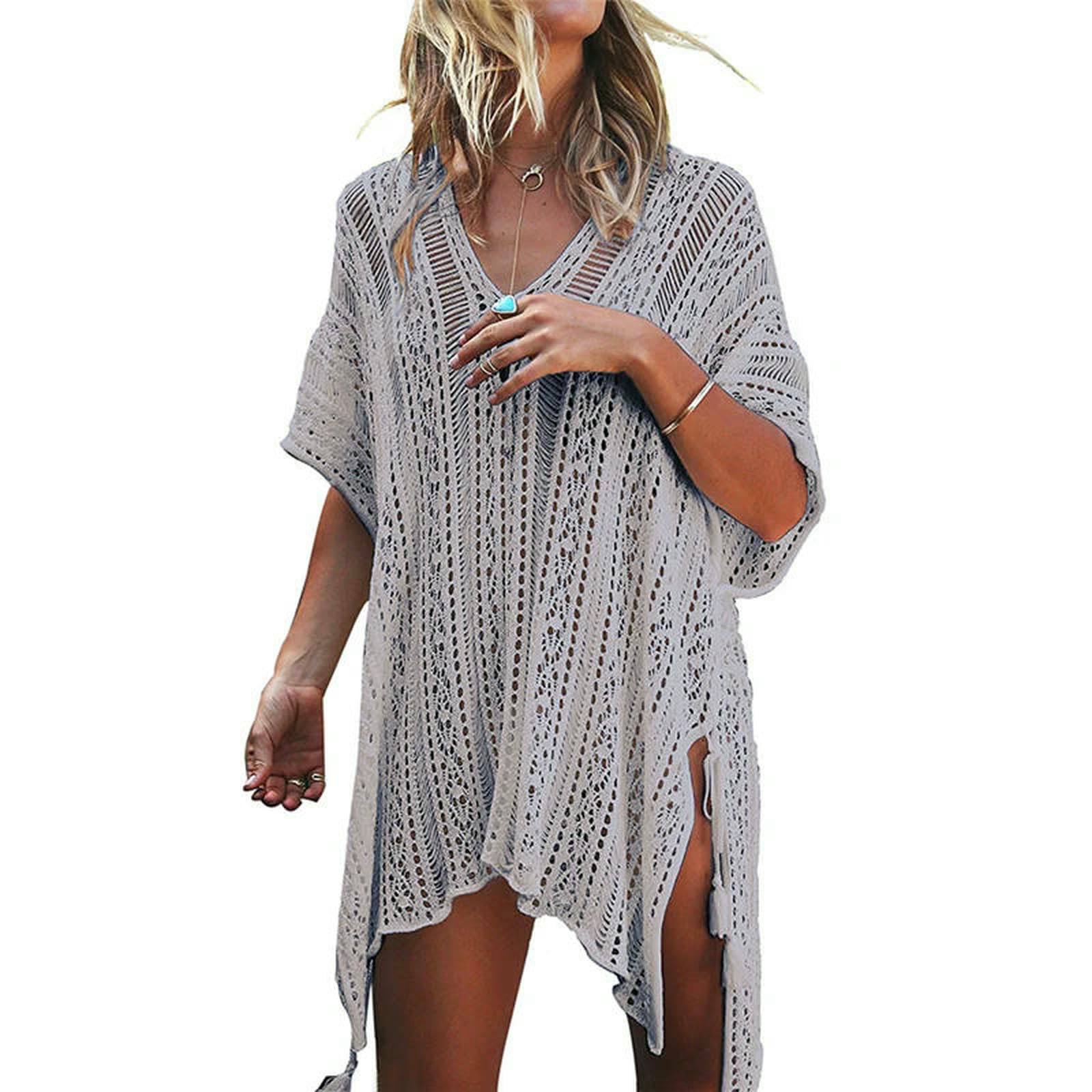 Abito da Spiaggia Donne Bikini Copertura Cavo-out Maglia all'Uncinetto Kaftan Estivo Costume Bagno Costumi Bagno-Grigio-Una Taglia
