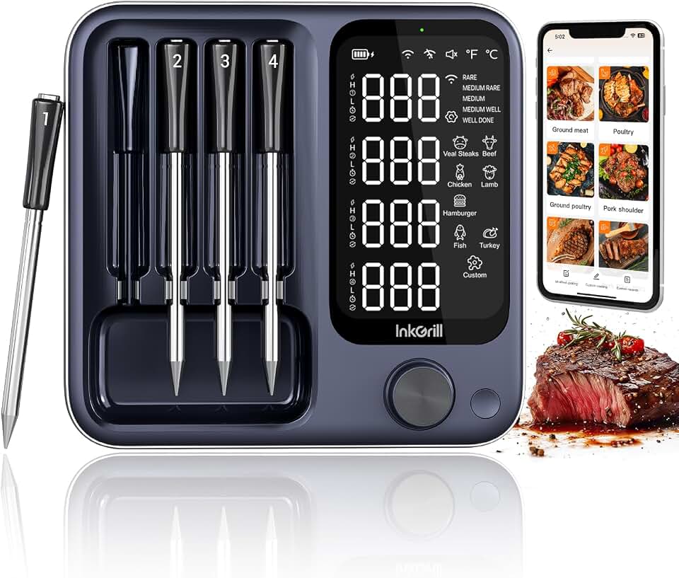 4-Probes Smart Wireless Meat Thermometer with WiFi &amp; Bluetooth, Digital Meat Thermometer for Smoker, Oven &amp; BBQ, Rechargeable Magnetic Base, Large Digital Backlit Screen