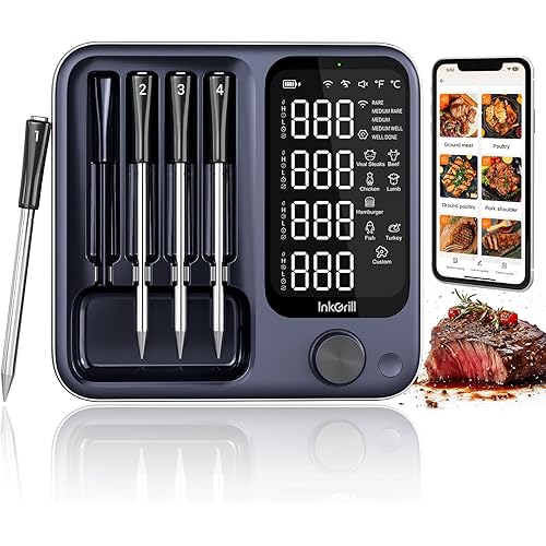 4-Probes Smart Wireless Meat Thermometer with WiFi & Bluetooth, Digital Meat Thermometer for Smoker, Oven & BBQ, Rechargeable Magnetic Base, Large Digital Backlit Screen