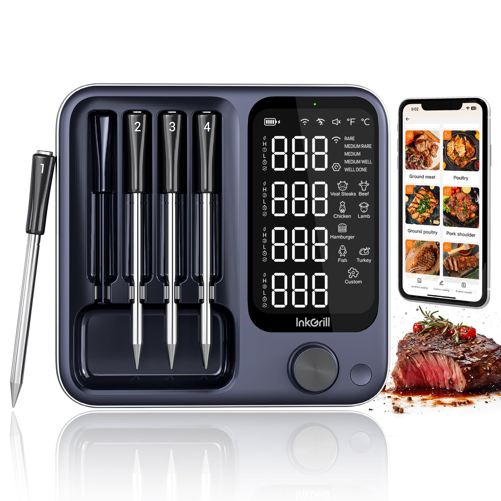 4-Probes Smart Wireless Meat Thermometer with WiFi & Bluetooth, Digital Meat Thermometer for Smoker, Oven & BBQ, Rechargeable Magnetic Base, Large Digital Backlit Screen