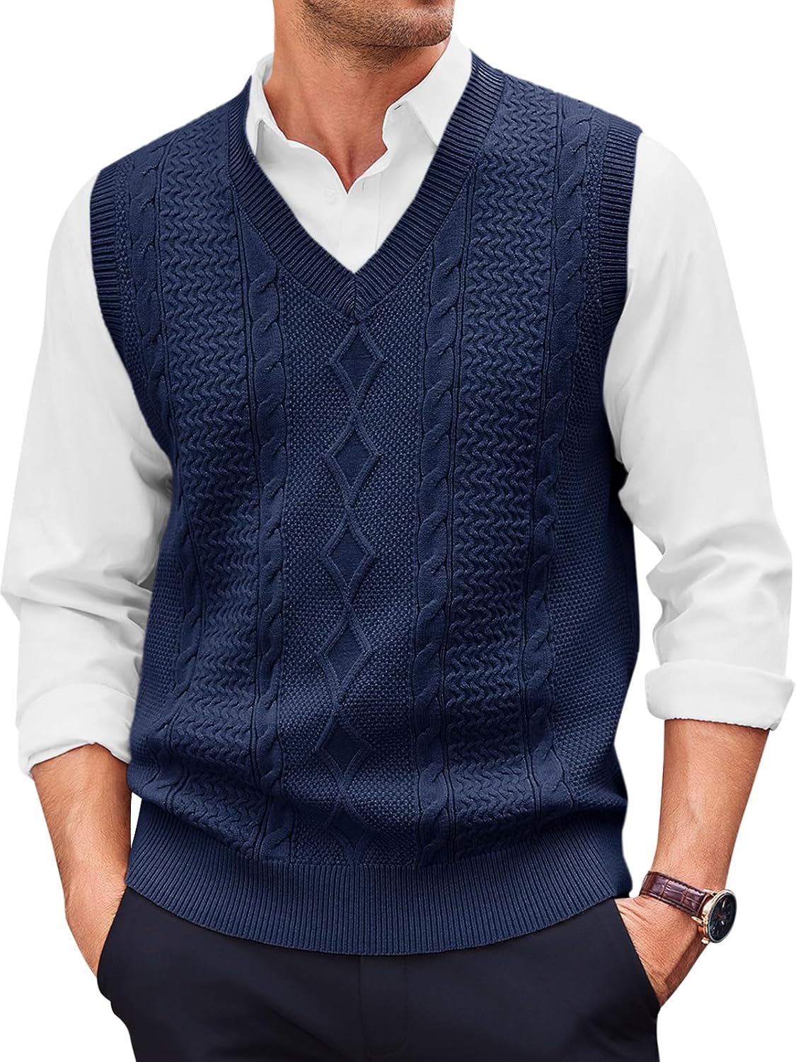 Runcati Mens V Neck Sweater Vest Casual Cable Knitted Pullover Knitwear Slim Fit Sleeveless Sweaters