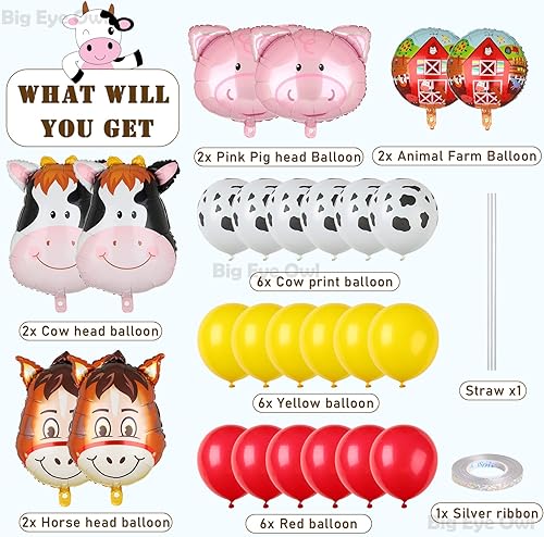 Miniatura 2 de Juego de globos de animales de granja, cerdo, vaca, caballo, burro, papel de aluminio de Mylar con estampado de vaca, globo de látex para granjero,