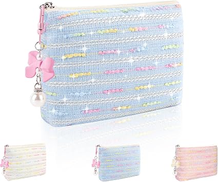 Mini Makeup Bag, Small Bow Tie Cosmetic Bag for Purse with Keychain, Portable XS Travel Makeup Pouch for Daily Use Colorful Lines-Blue