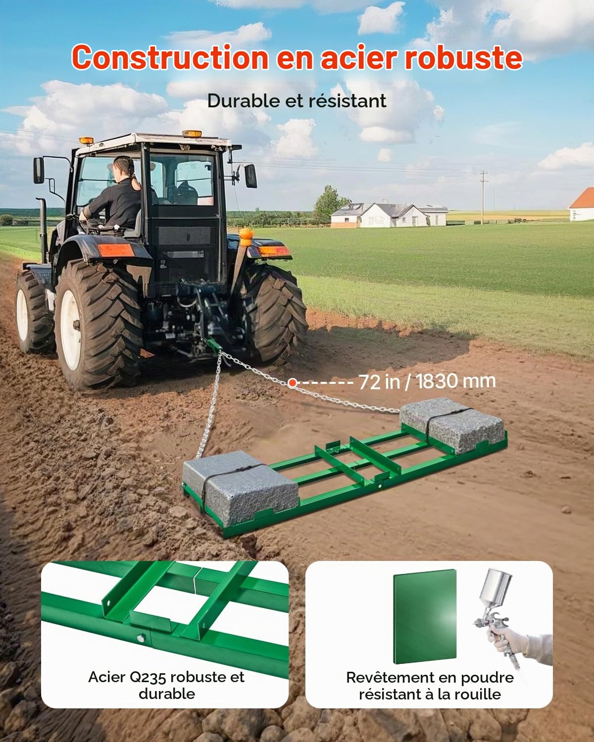VEVOR Herse Traînée 1830 x 500 mm Râteau Niveleur Remorquable d'Allée avec Barres et Chaîne 1830 mm, Niveleuse d'Allée de Gravier, Outil de Nivellement, pour VTT, UTV, Tracteur de Pelouse de Jardin