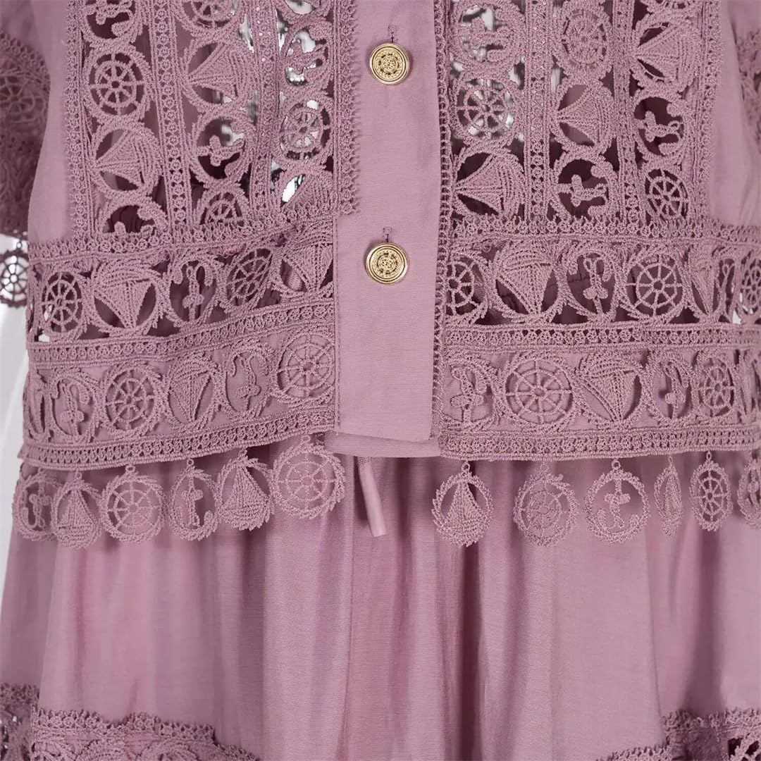 Chemise courte d'été pour femmes jupes maxi costumes dentelle brodée évider robe longue ensemble deux pièces