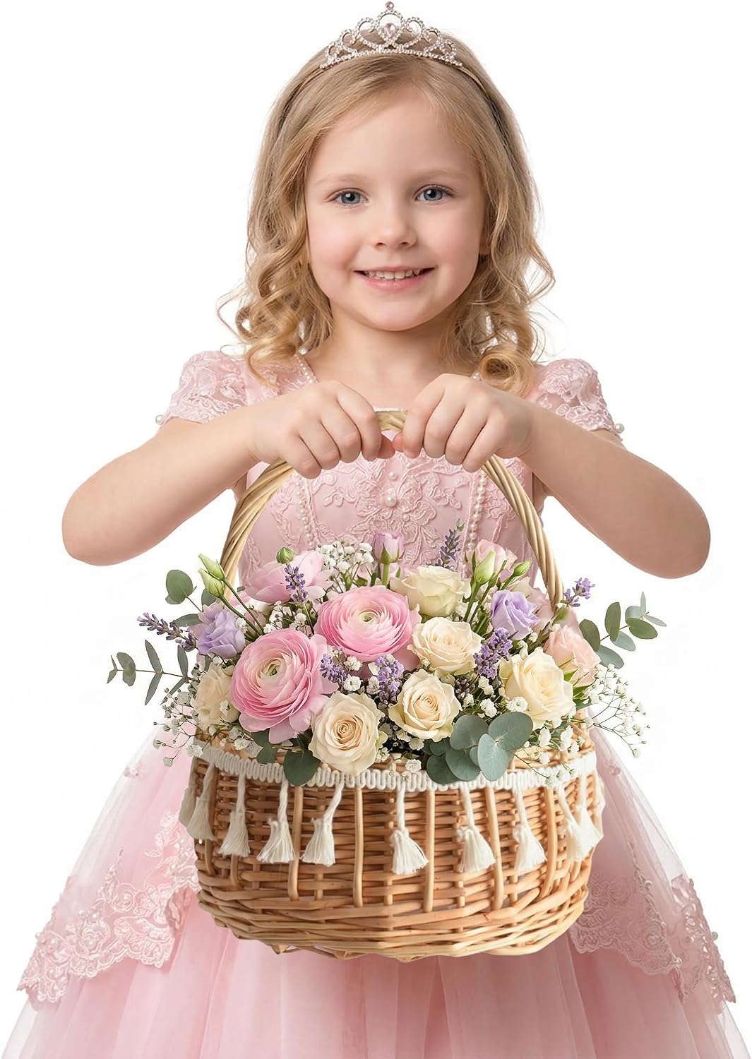 Healifty 2Pcs Rattan Flower Girl Basket Small Woven Willow Basket with Tassel Design Handcrafted Round Flower for Wedding Ceremony Petals Candy Camping Home Decor