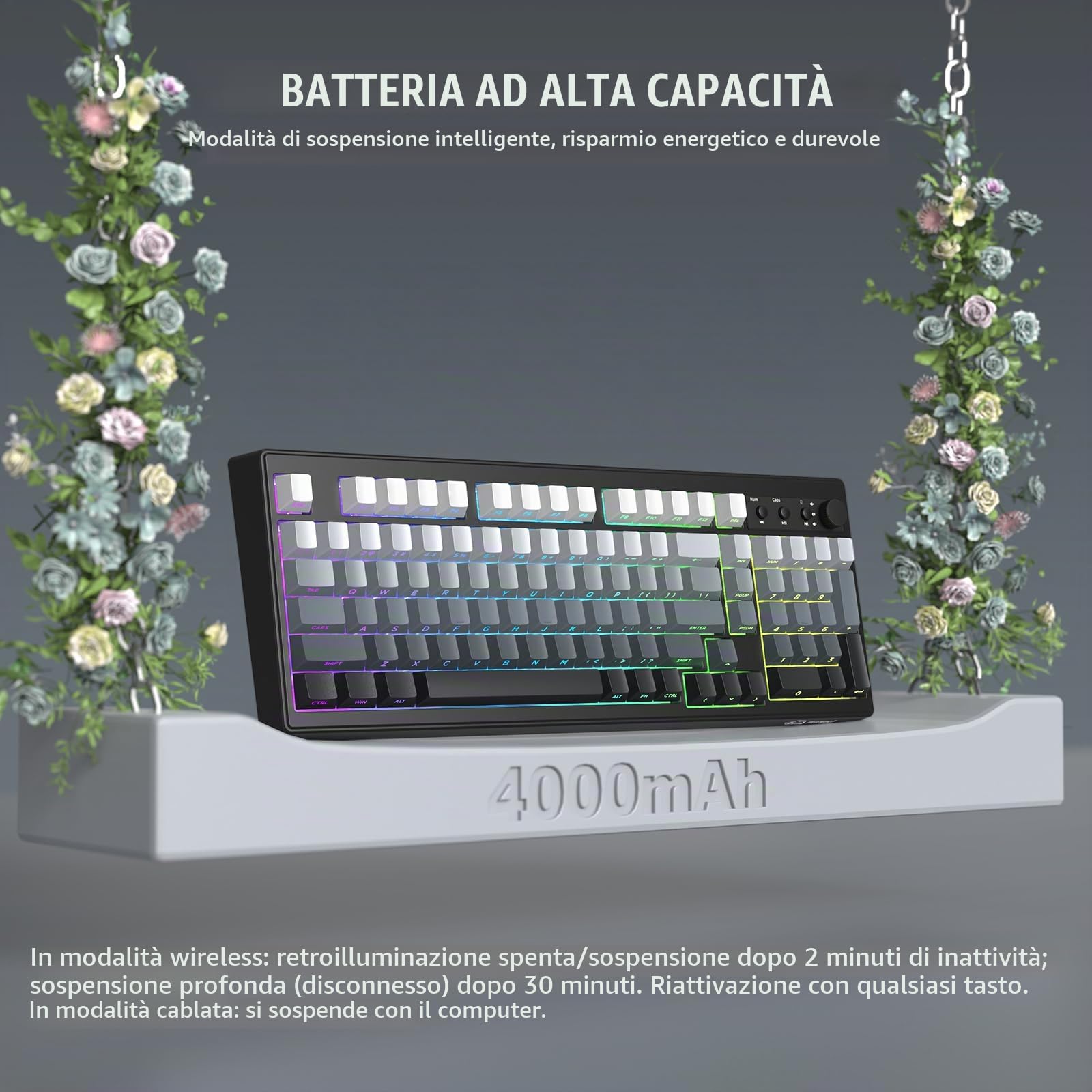 FREEWOLF K100 Tastiera Gaming Senza Fili RGB con Tastierino Numerico, Connessione Bluetooth/2.4G Senza Fili/USB-C Cablata, Tasti Incisi sui Lati in PBT Gradiente, 4000mAh, Manopola Multimediale - Nero