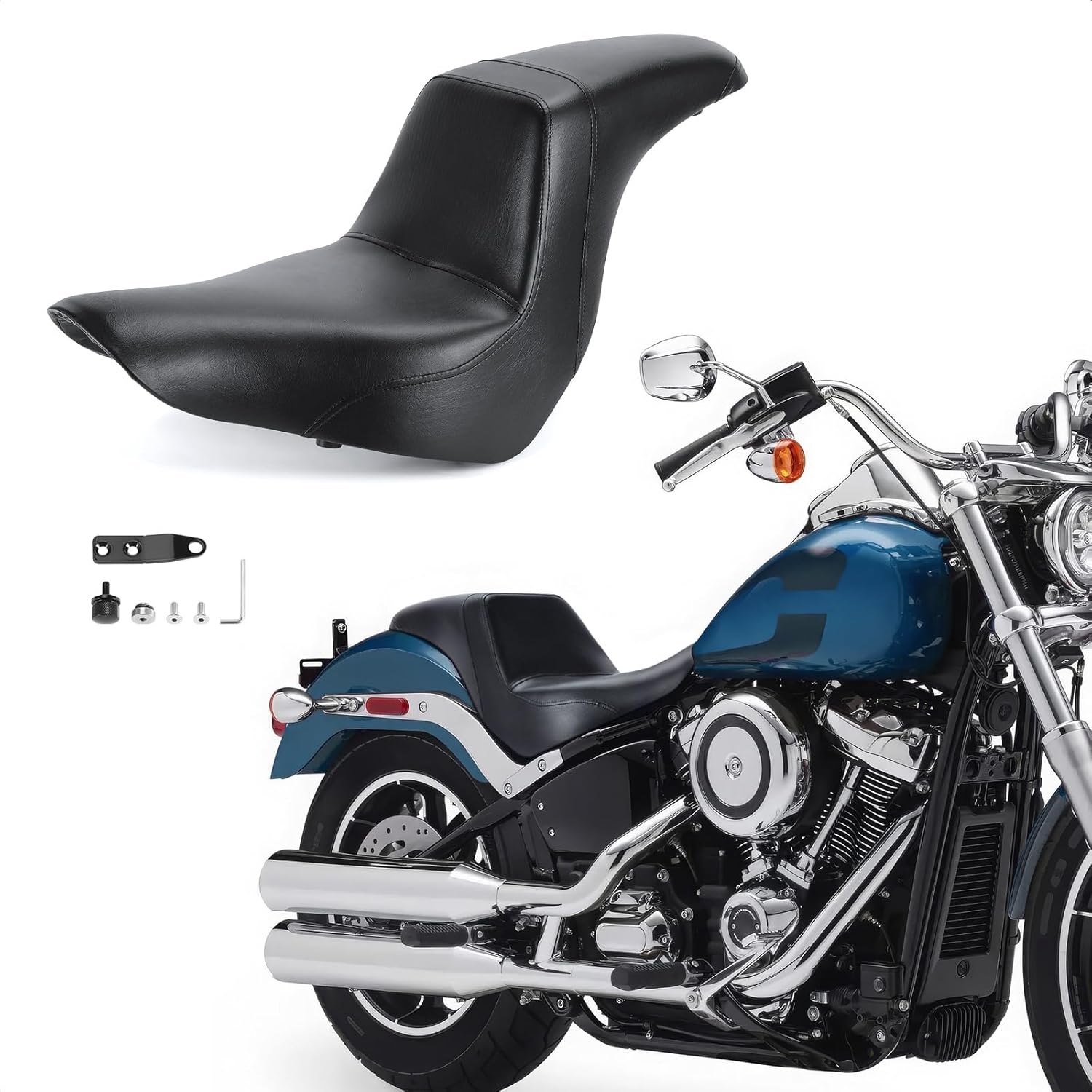 One-Piece Two-up Seat, Driver+Passenger Seat Cushion, Stepped Type Fit for Harley Softail Low Rider FXLR FXLRS FXLRST 2018-2025 (Seat Black)