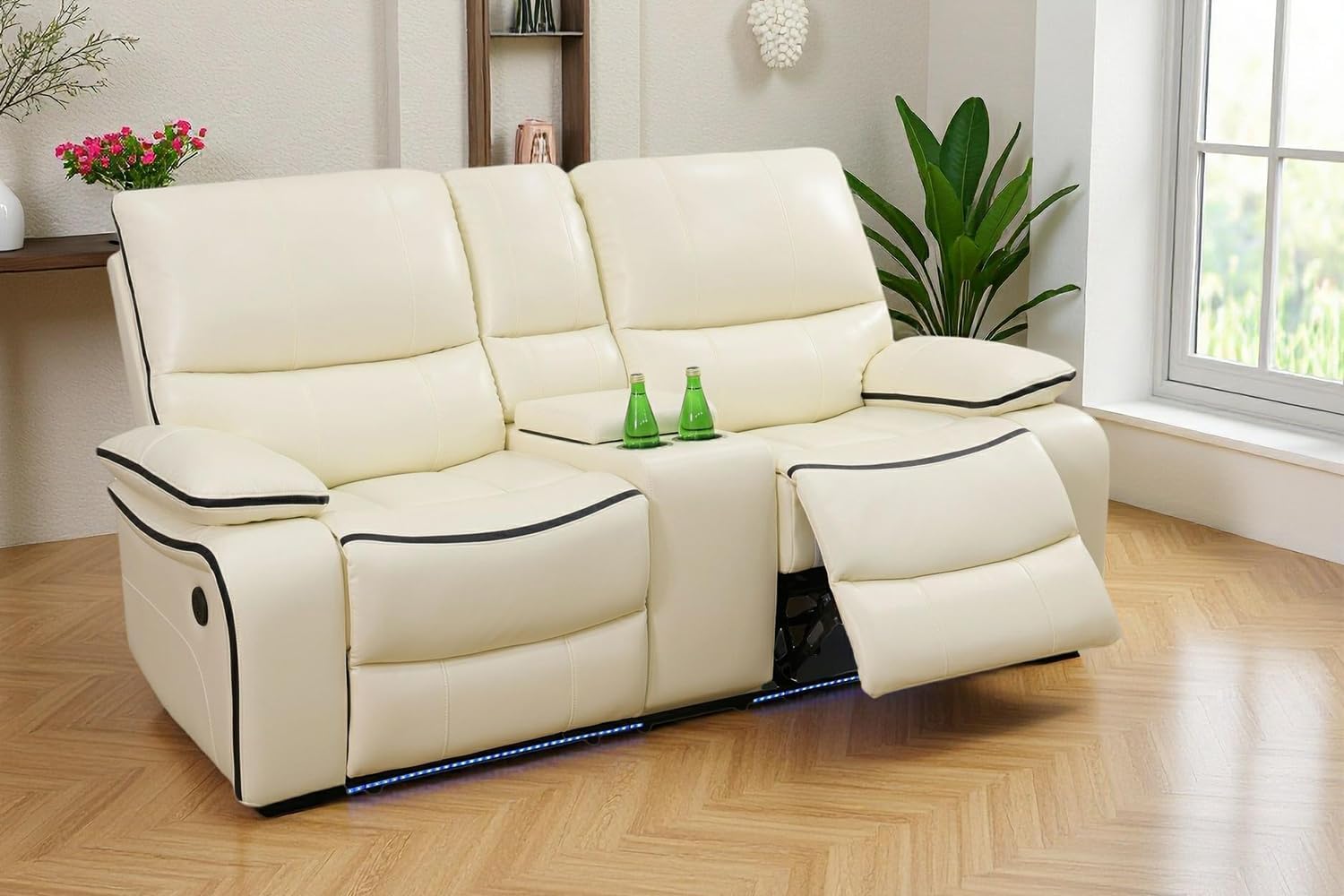 Power Recliner Loveseat Set with LED Light, Leather Sectional Sofa Sets for Living Room, Living Room Furniture, Power Reclining Couch Set with Cup Holder/Storage Console for Apartment/House