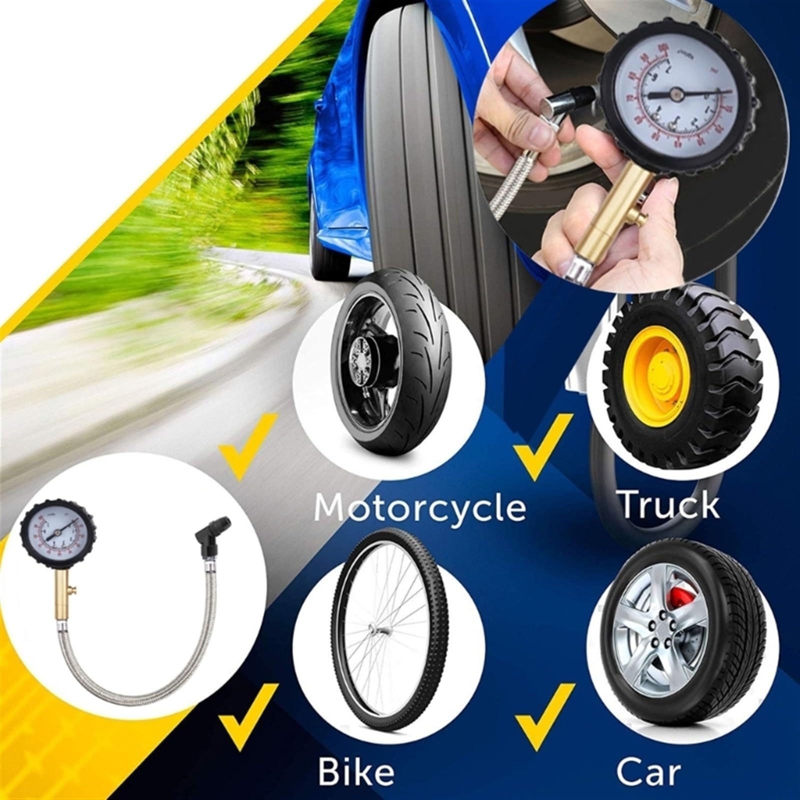 Jauge de pression des pneus à Long Tube mètre manomètre de testeur de pression d'air des pneus de haute précision for voiture camion moto universel Facile à Utiliser