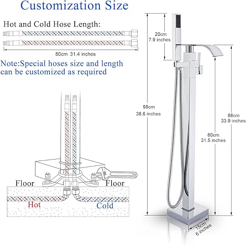 Miniatura 7 de Senlesen Grifo de bañera independiente cromado para baño, grifo de ducha de bañera montado en el piso con rociador de mano