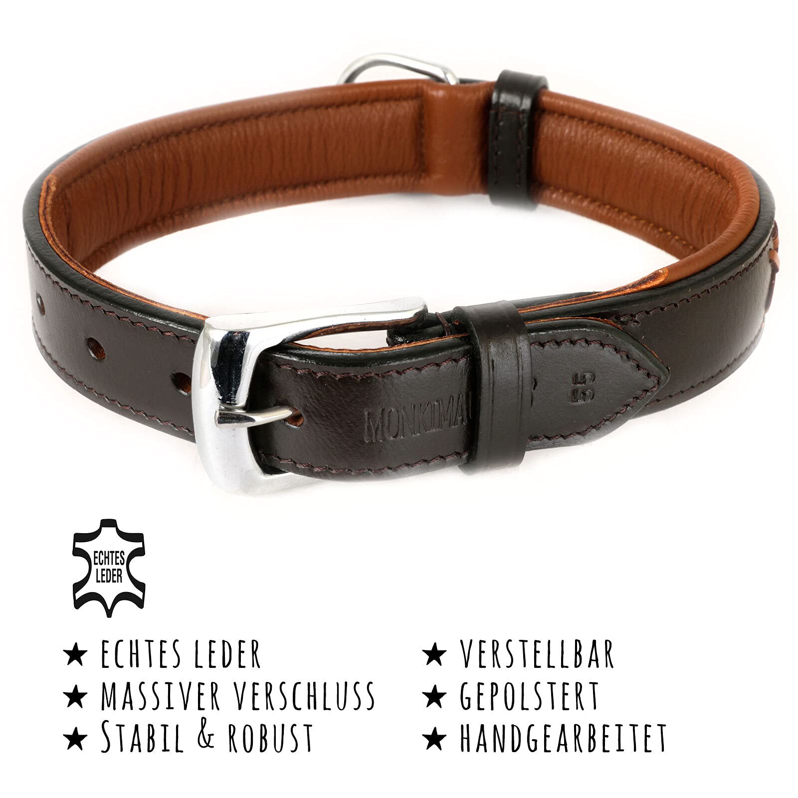 MONKIMAU Hundehalsband - Halsband für Hunde echt Leder gepolstert verstellbar geflochten (M-L: 30mm x 60cm)