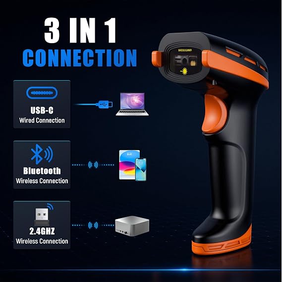 Tera Barcode Scanner Wireless with Stand: 1D 2D QR with Power Switch, D6100 | 4400mAh Replaceable, Wall Stand, Battery Level Indicator, BT 2.4G USB, 640*480 Global CMOS, Warehouse Retail Logistics PC