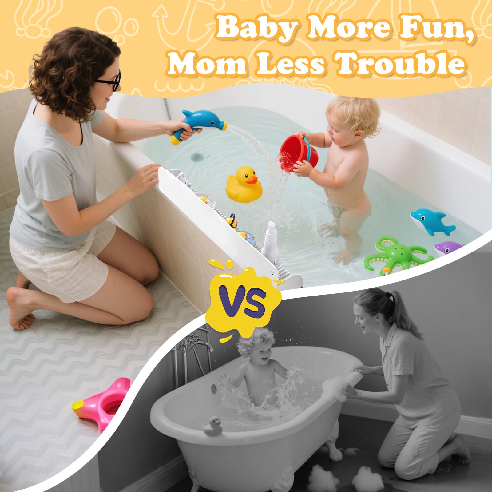Paraspruzzi per vasca da bagno da 61 cm, con 10 ventose, in silicone, paraspruzzi per vasca da bagno, vassoio giocattolo da bagno, mensola da gioco per bambini, universale per bagno, lavello della