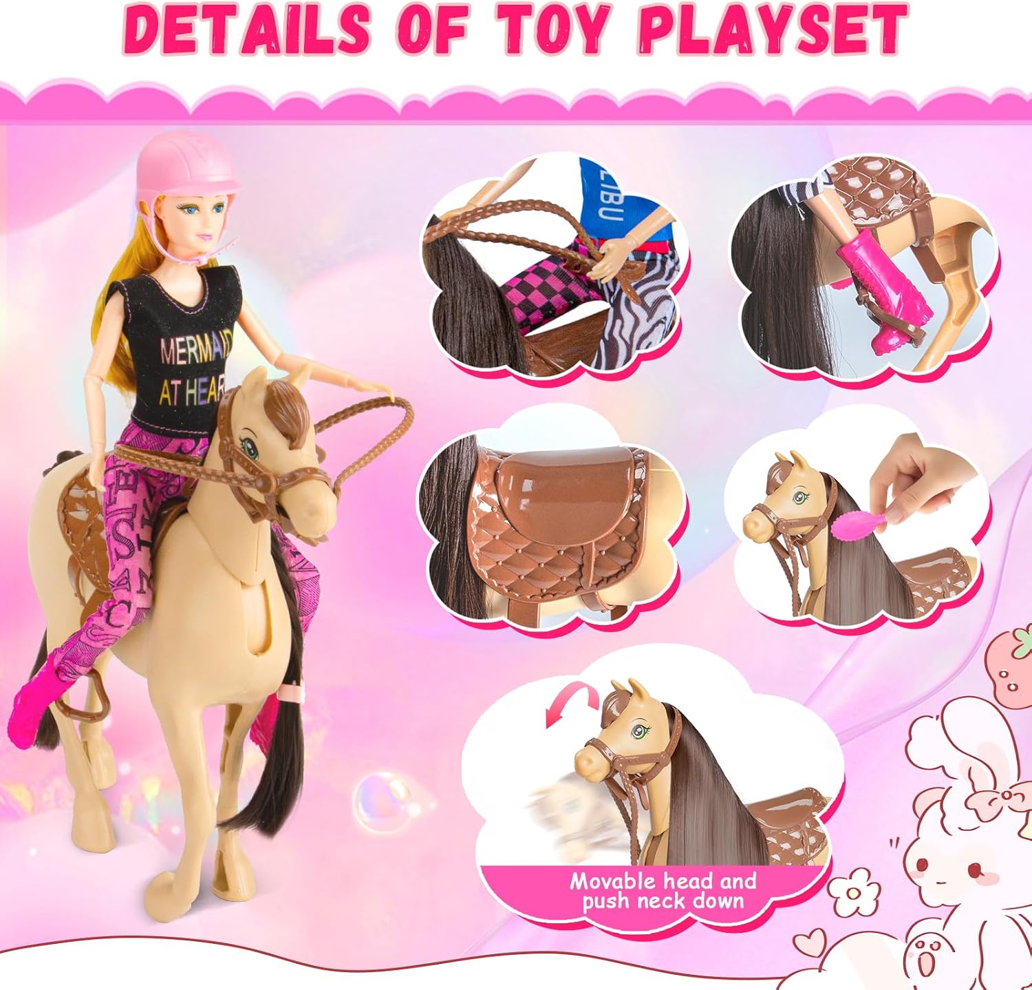 60 PCS Doll Horse Set Toy, Fashion Blonde Doll(11.5 Inch) in Riding Helemt Doll Accessories & Light Brown Horse with Moveable Head, Saddle, Bridle and Reins, for Ages 3 Years Old & Up image 5