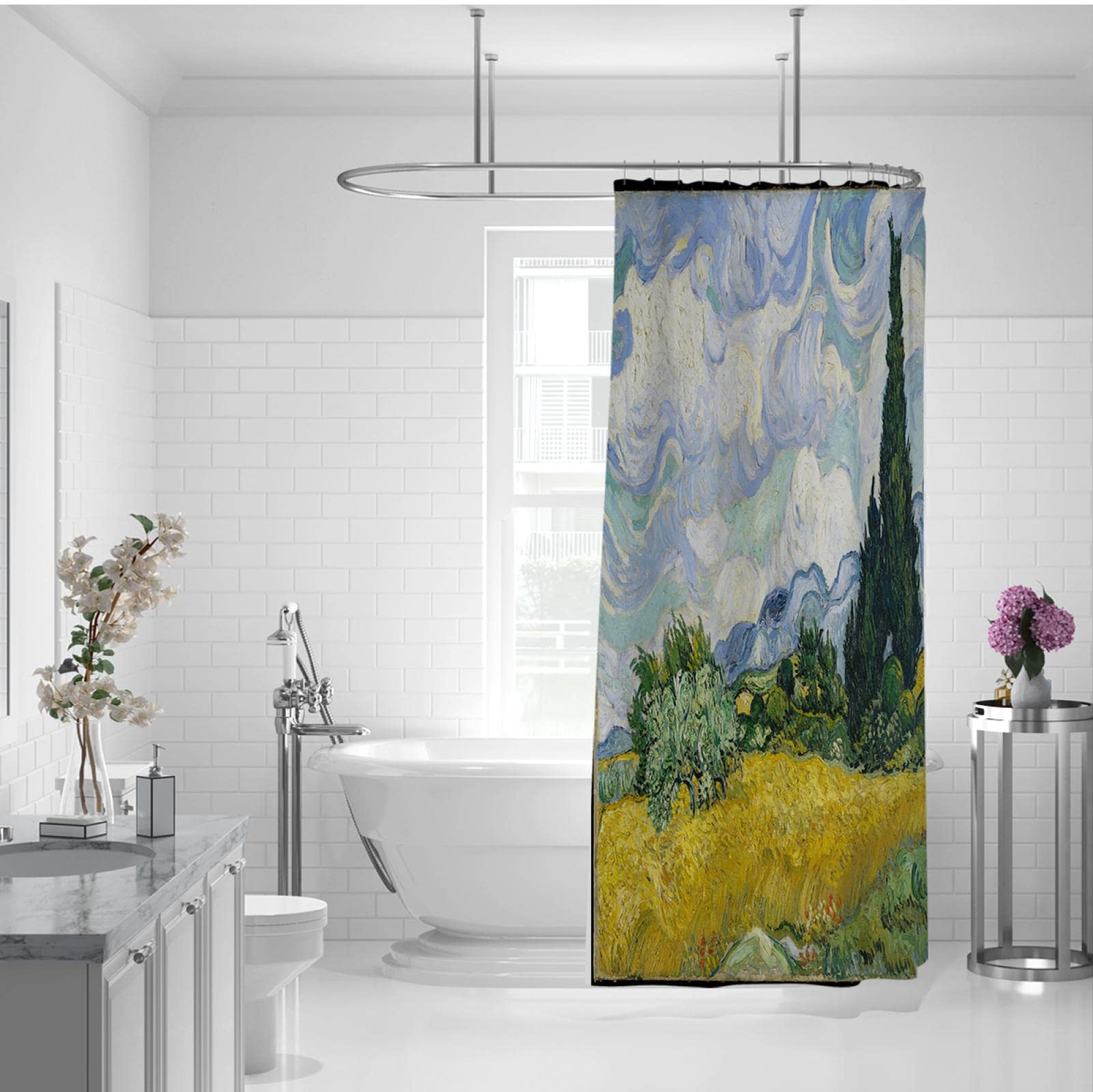 Extra Lungo Tenda Doccia Liner Campo Di Grano Bagno Doccia Tende Con Ganci Blu Giallo Tenda Doccia Tessuto Impermeabile W200 x L200cm