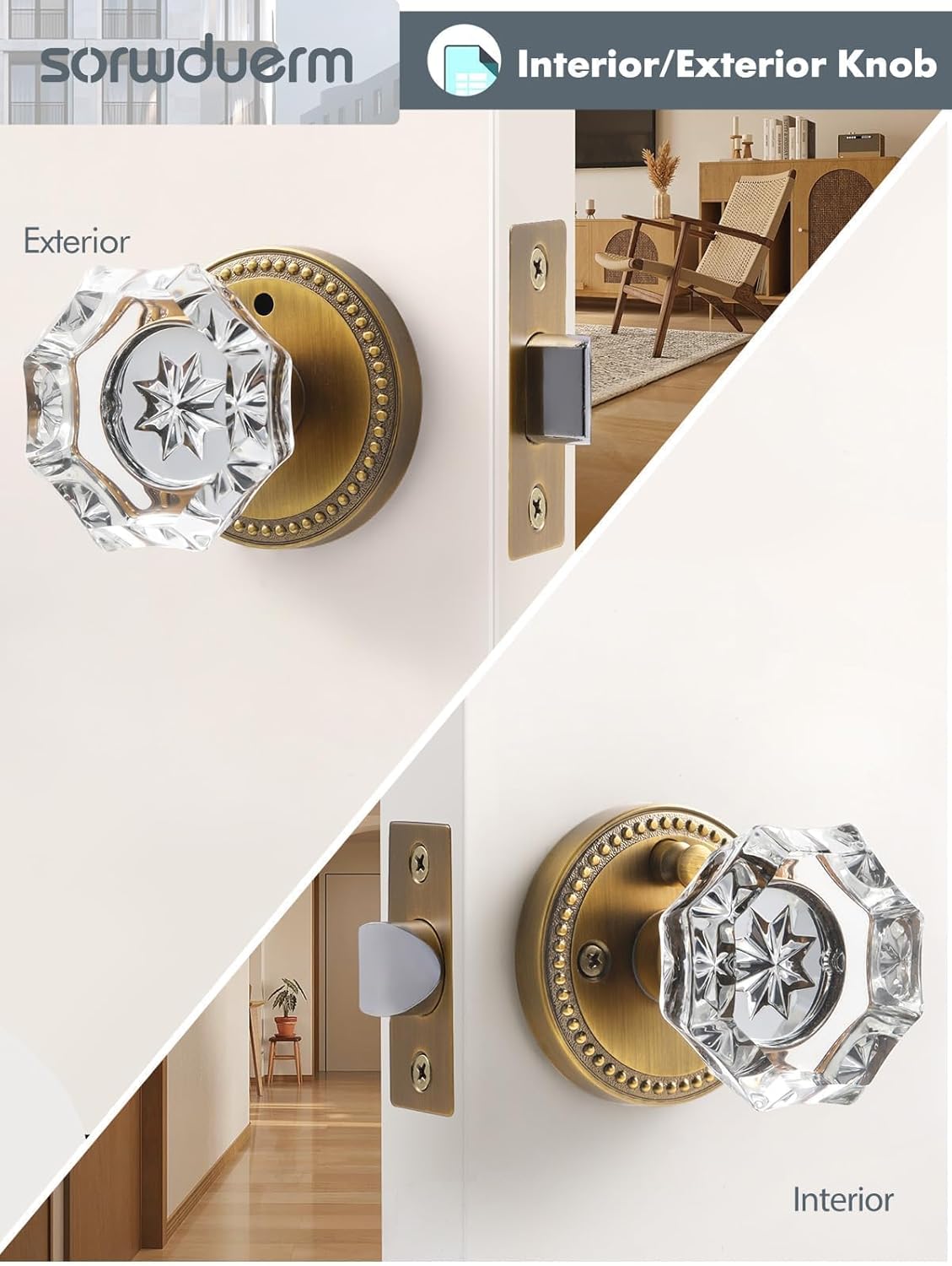 4 Pack Antique Brass Door Knobs Crystal Door Knob Interior Privacy Door Knob for Bedroom and Bathroom Glass Door Knob,Zinc Alloy