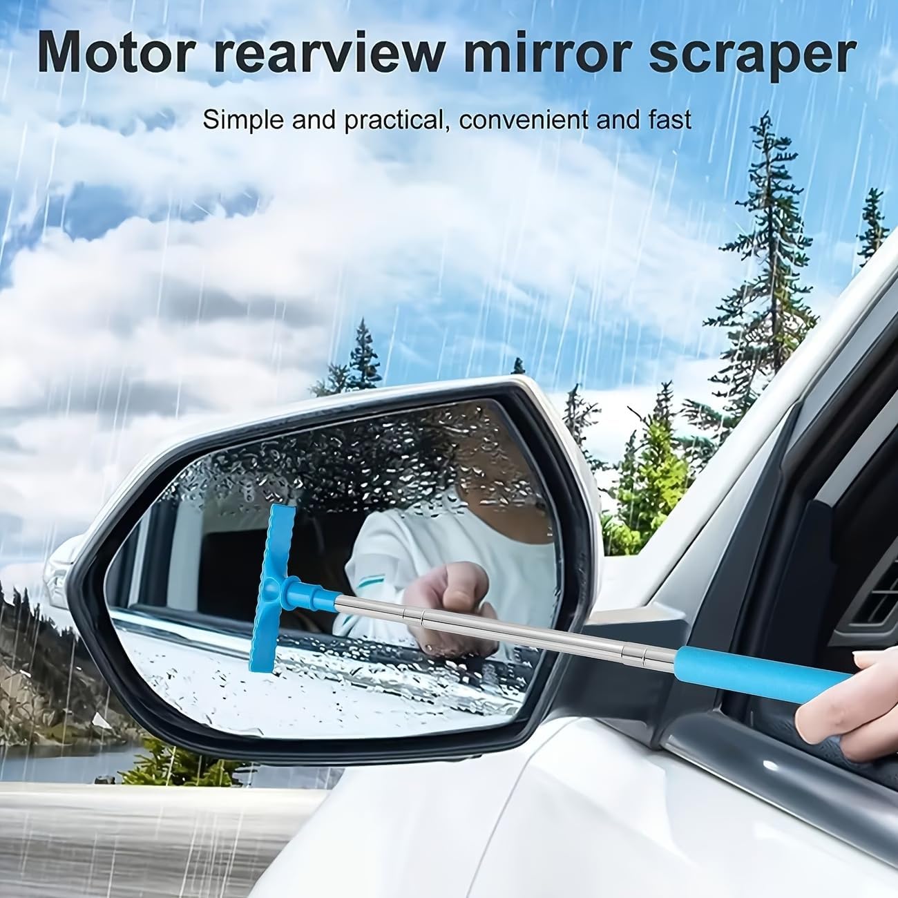 Car Rearview Mirror Wiper Portable Telescopic Squeegee with Sponge Cleaning Brush for Side Mirrors Windows and Windshields, Orange
