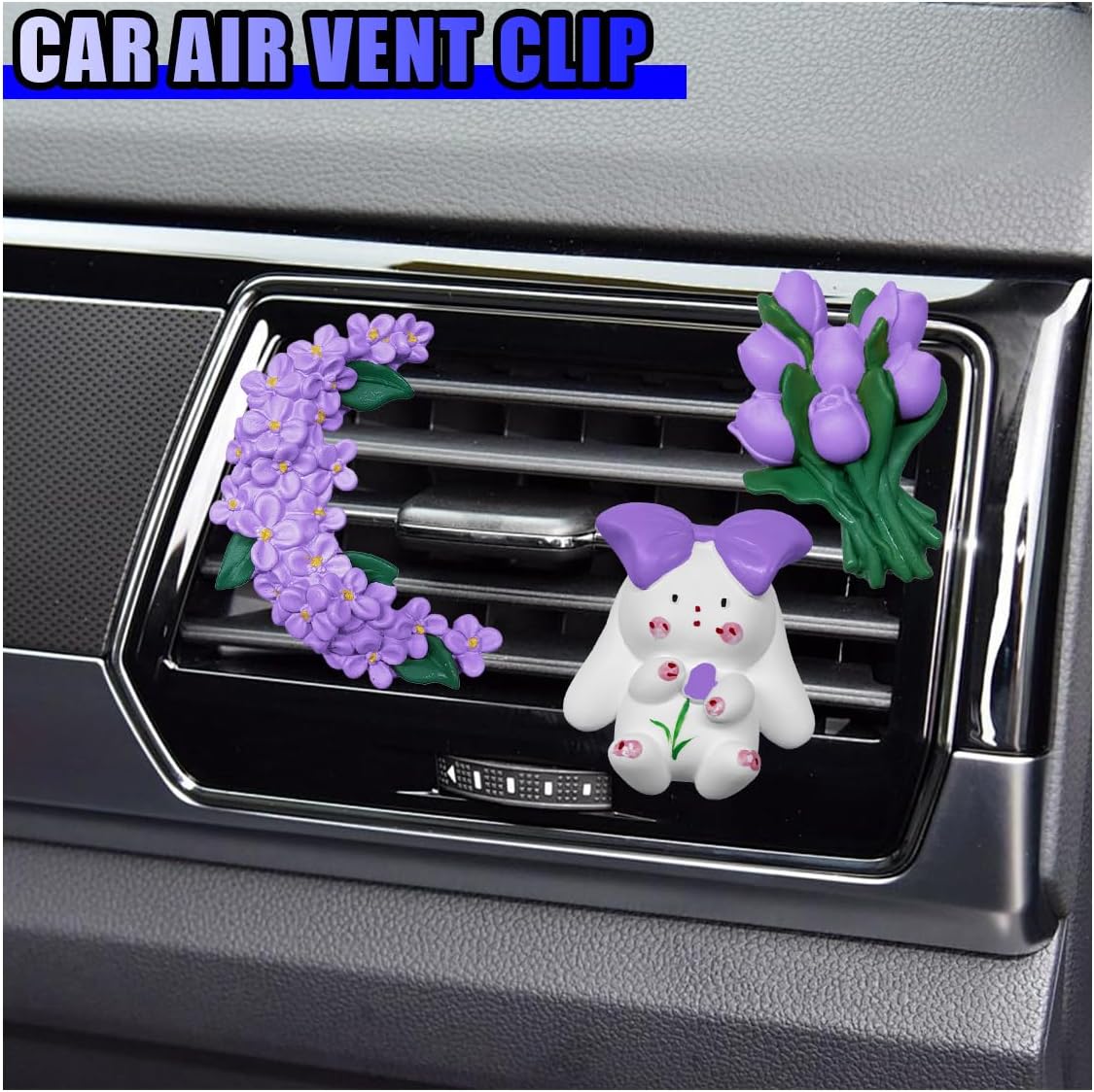 3PCS Cute Flower and Bunny Car Air Vent Clips, Aesthetic Moon and Tulip Car Interior Decoration Accessories, Handmade Rabbit AC Outlet Clips for Women and Girls (Purple) image 3