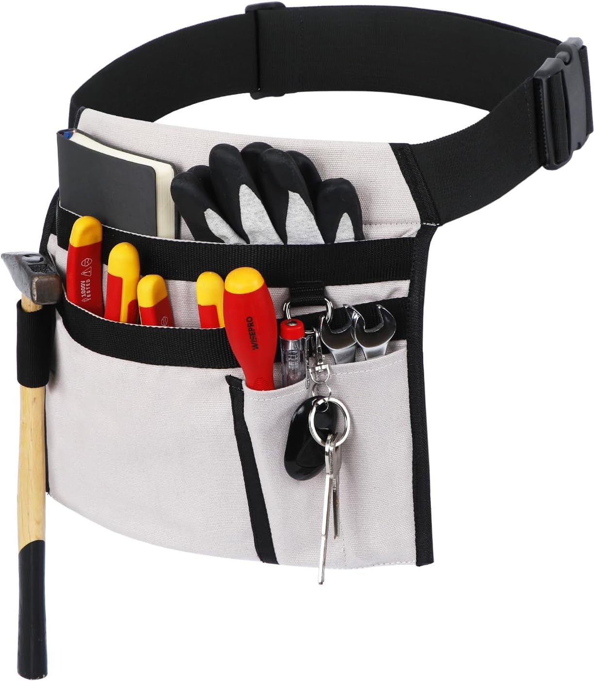 5-Pocket Tool Belt Pouch, Durable Canvas Single-Side Tool Pouch with Belt Loop, Adjustable Utility Work Belt for Electricians, Carpenters, Construction Workers and Handymen