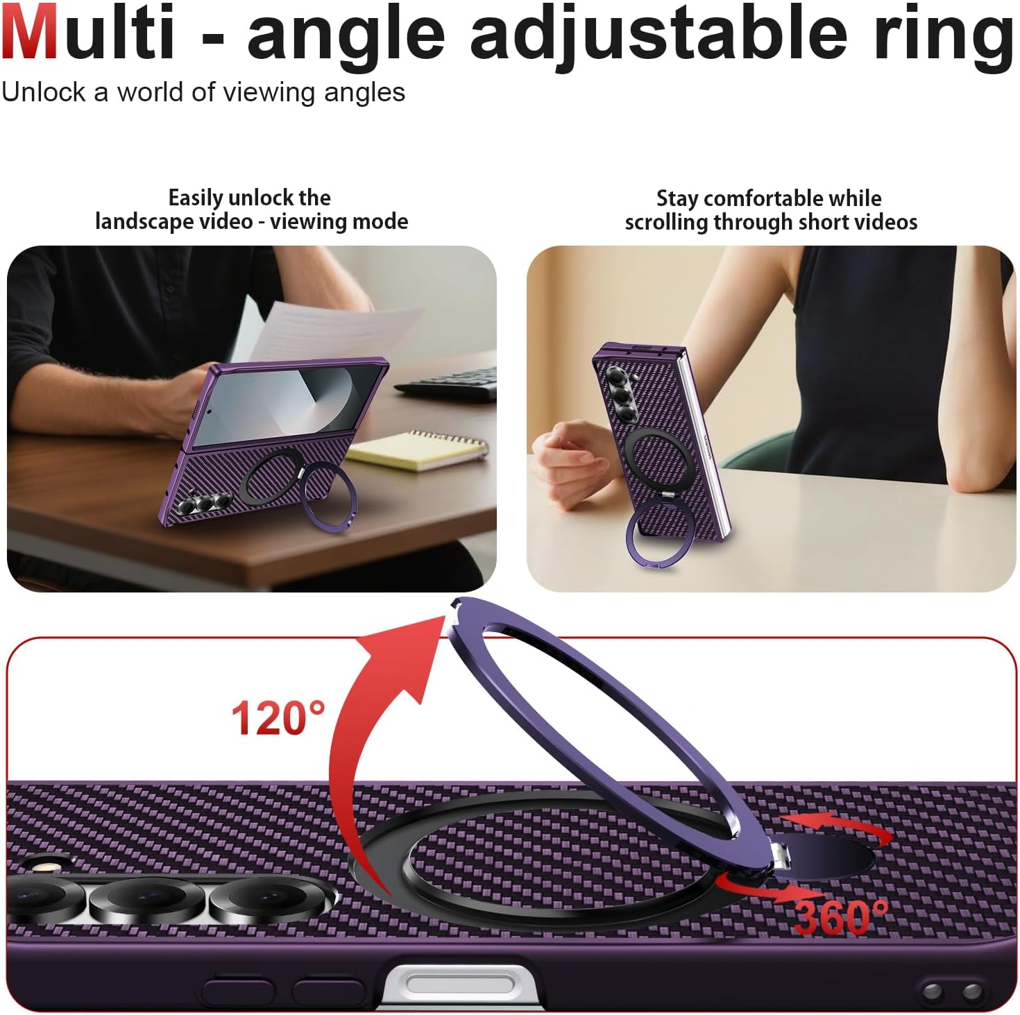 Magnetic for Samsung Galaxy Z Fold 6 Case with Ring Stand,Carbon Fiber Texture, Military Grade Protection,Lightweight,Slim Fit Drop Protection Rugged Shockproof Cover Purple 30-Fold6-03