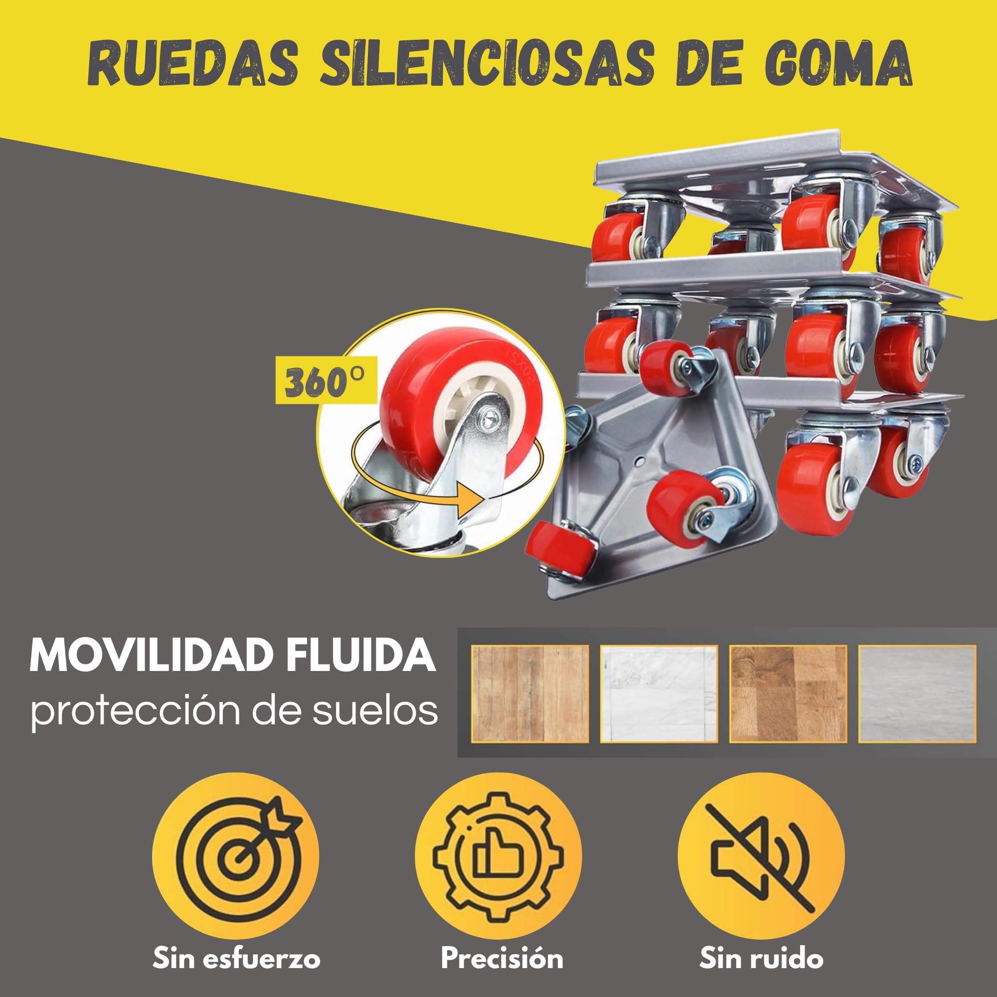 Elevador de Muebles con Ruedas Giratorias 360º Kit Transportador para Mover Muebles Pesados en Casa, Sofás, Lavadoras y Frigoríficos |Mueve Muebles de hasta 1200kg|
