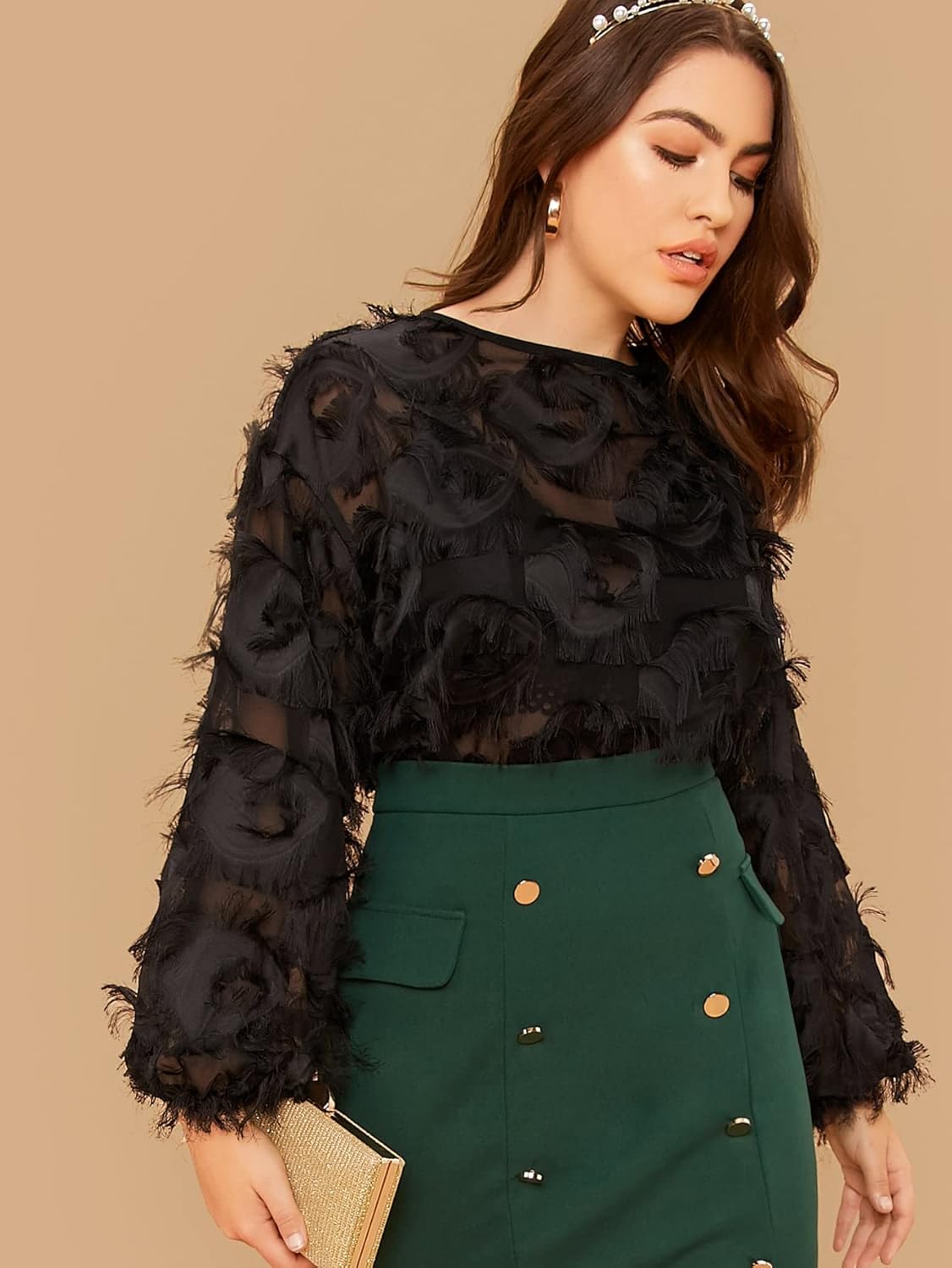 SweatyRocks Women's Plus Size Fringe Long Bishop Sleeve Boat Neck Sheer Blouse Drop Shoulder Elegant Tops - Image 4