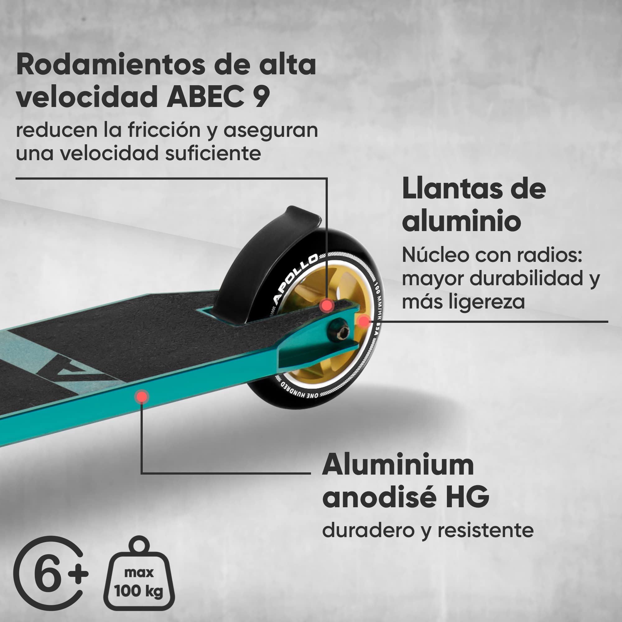 Apollo Star Pro – Patinete para Trucos Profesional Anodizado, Cojinetes ABEC 9, Ruedas de 100 mm con Núcleo de Aluminio – Patinete Saltos – Patinete Acrobacias Niño y Adolescente