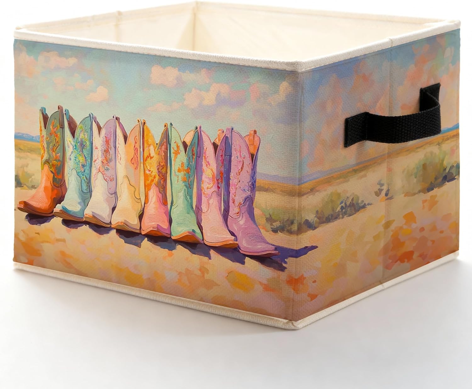 Pastel Cowgirl Boots Western Storage Bins with Handles, Rustic Country Cowgirl Southwestern Collapsible Storage Box Basket Books Clothes Organizer for Girls Room Bathroom Home