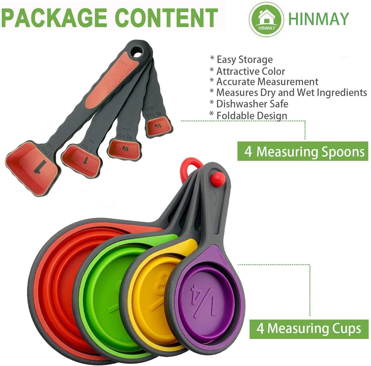 HINMAY Collapsible Silicone Measuring Cups and Spoons Set 8-Piece Measuring Tool